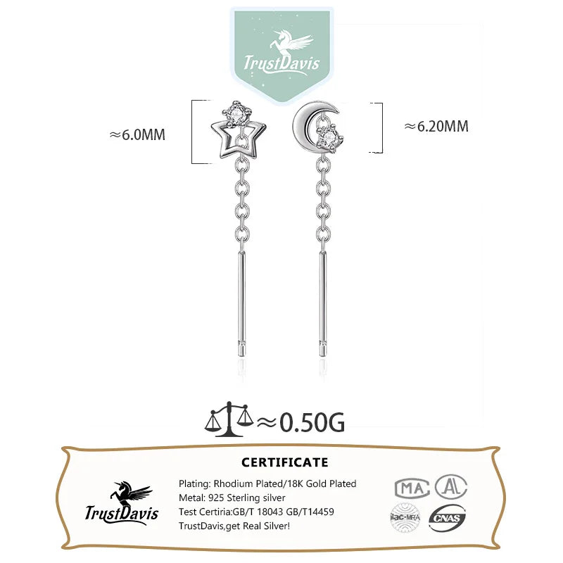 TrustDavis Real 925 Sterling SilverWomen's Simple Tassel Earrings Sweet Star and Moon Earrings for Women Gift Jewelry DA4206