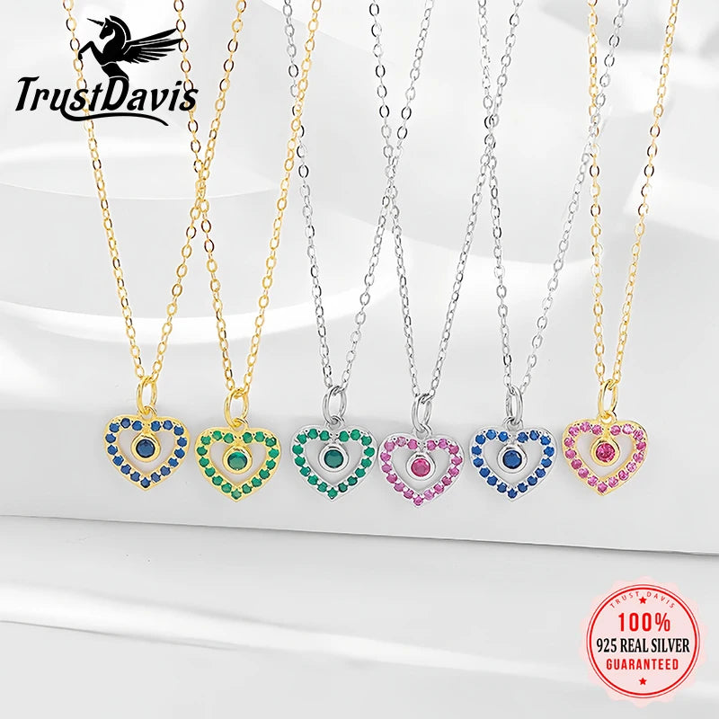 TrustDavis 925 Sterling Silver Women's  Fashion Simple Multicolor Heart Pendant Necklace for Women Girls Jewelry Gift DS4660