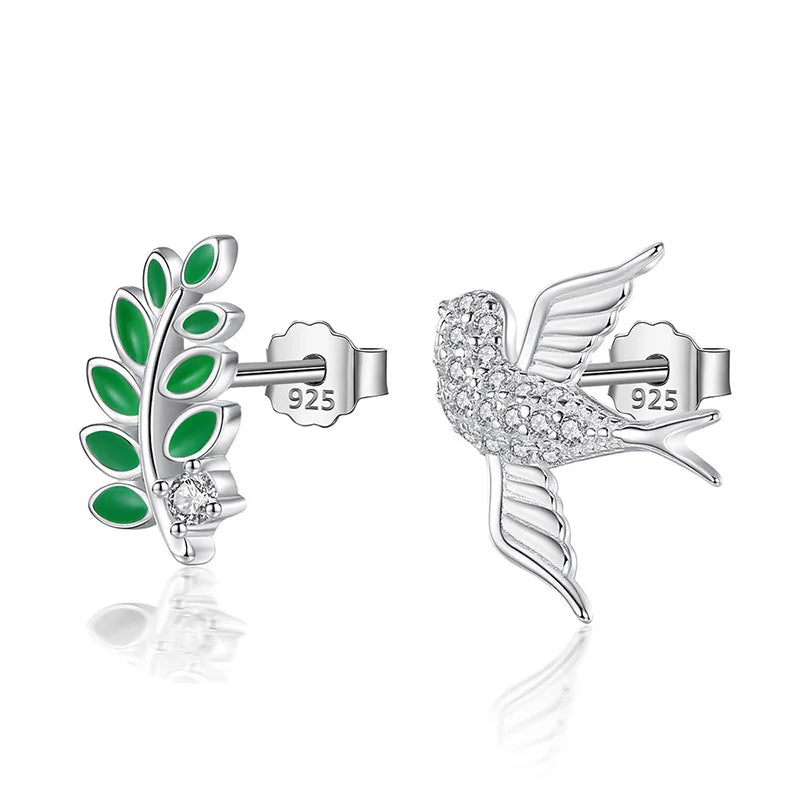 Sweet Asymmetric Bird Branch CZ Charm Stud Earrings DB422