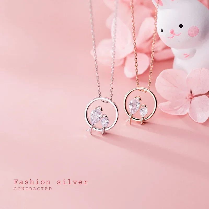 TrustDavis 100% 925 Sterling Silver Dazzling Birds Fall in Love CZ Pendant Necklace for Women Girl Silver 925 Jewelry DA462