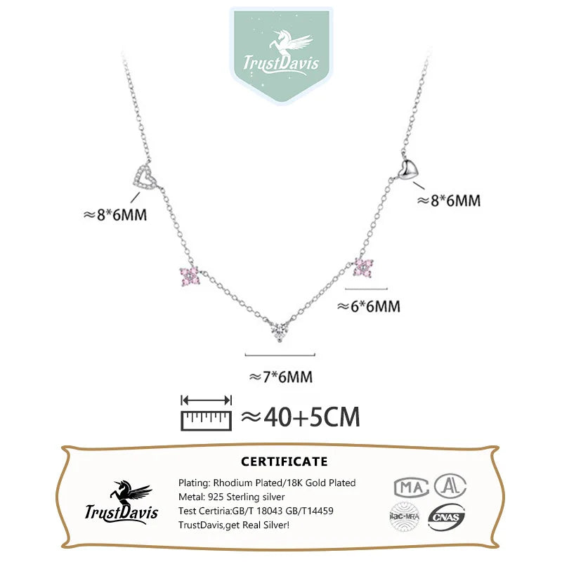 Pink Flower Heart Zircon Silver Necklace DS4863