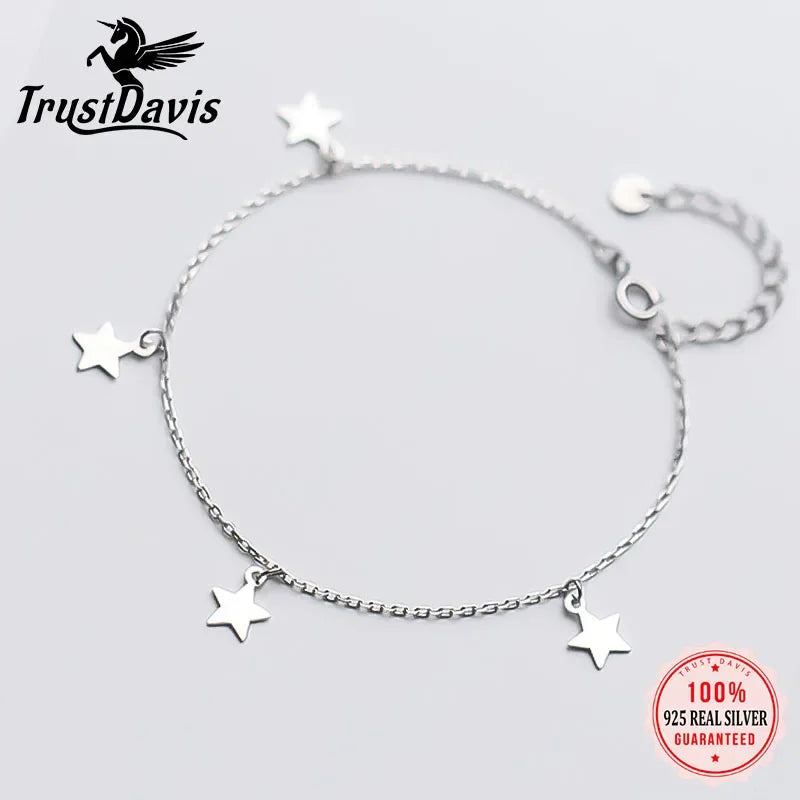 TrustDavis 100% 925 Sterling Silver Fashion Women Jewelry 4 Star Bracelet 16cm For Gift Girls Lady Drop Shipping DS477