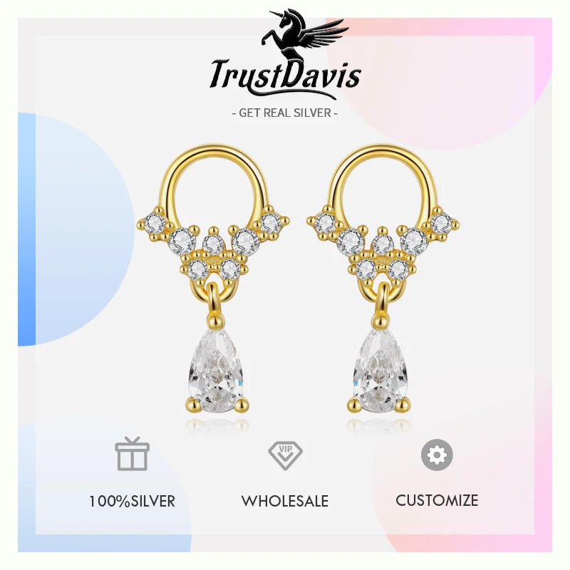 TrustDavis Original Sterling Silver Fashion Luxury Water Drop Stud Earrings for Women Daughter Girls Fine S925 Jewelry DS4399