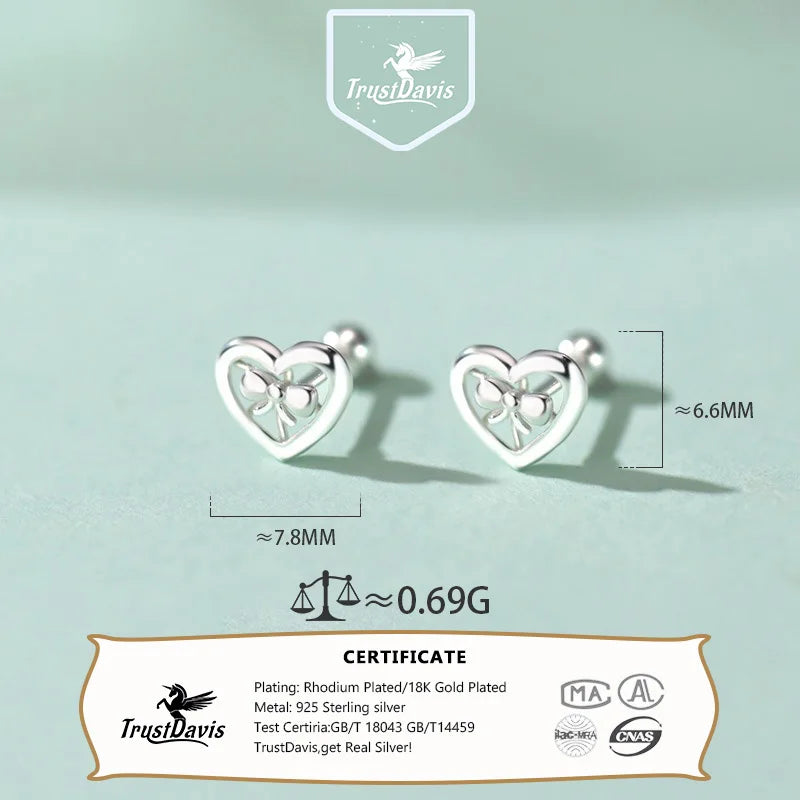 TrustDavis 925 Sterling Silver Women's Fashion Simple Heart-Shaped Bow Screw Earrings for Women Girls Jewelry Gift DS4418