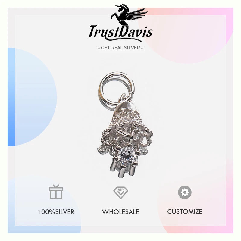 TrustDavis Real 925 Sterling Silver Zircon Small Bell Pendant Handmade DIY Necklace Bracelet Accessories Fine Jewelry DZ1801