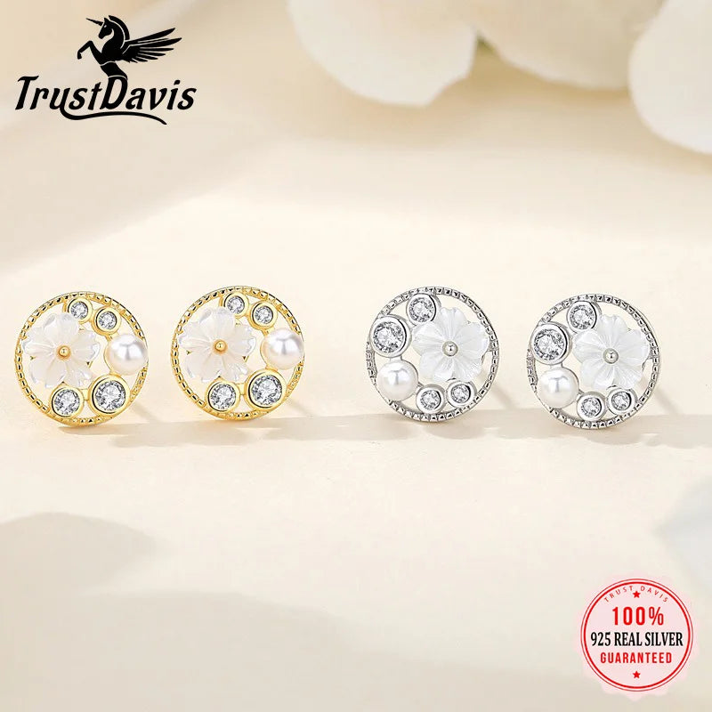 TrustDavis 925 Sterling Silver Women's Fashion Sweet Circle Sakura Pearl Earrings for Women Girls Jewelry Gift DS4369