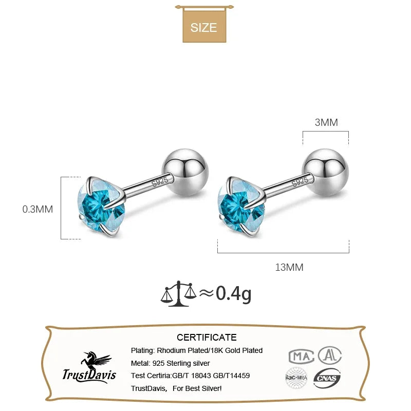 TrustDavis Real 925 Sterling Silver Black/Blue/White CZ Screw Stud Earrings For Women Children Baby Minimalist Jewelry DB1413