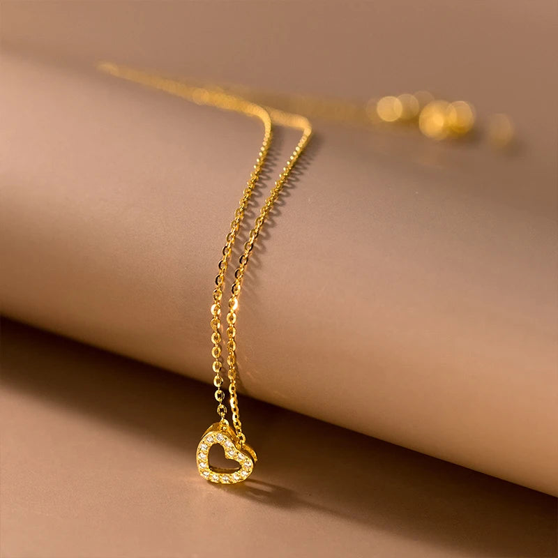 TrustDavis Real 925 Sterling Silver Fashion Simple Heart-shaped Hollow Zircon Necklacefor Women Girls Gift Fine Jewelry DS4700
