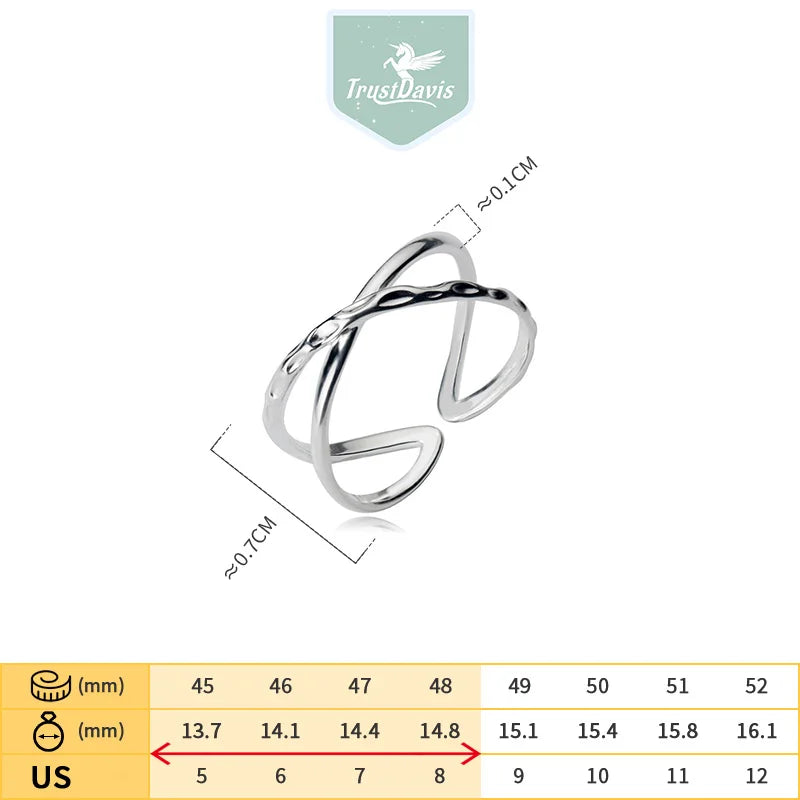 Trusta 100% 925 Real Sterling Silver Double Line Opening Rings Elegant Cross Ring Jewelry For Anniversary Adjustable DS798