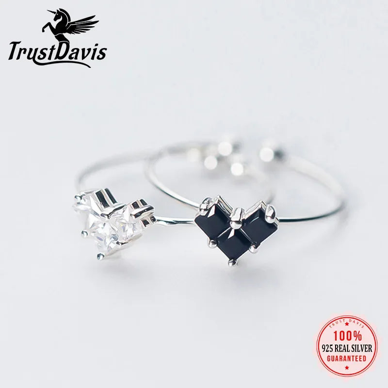Trustdavis 925 Sterling Silver High Quality Heart Black White CZ Opening Ring Sizable For Women Girl Wife Birthday Present DS927
