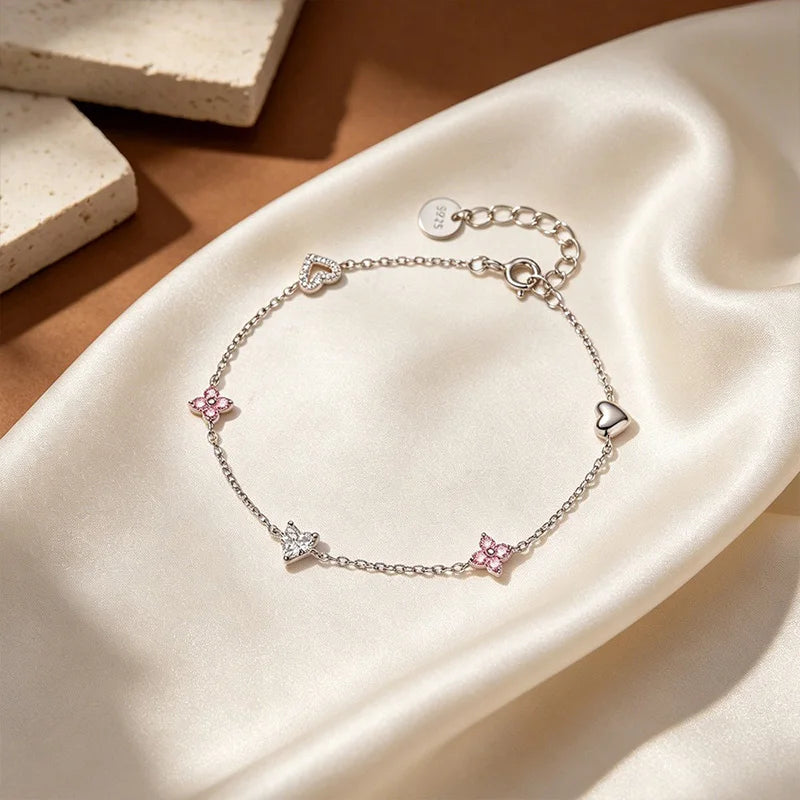 Pink Flower Heart Zircon Silver Necklace DS4863