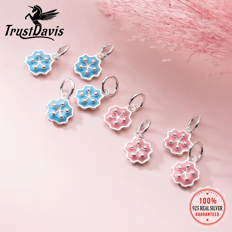 TrustDavis  Real 925 Sterling Silver Fashion Sweet Glaze Pink Blue Flower Charm Pendant Handmade DIY Accessories Jewelry DZ93
