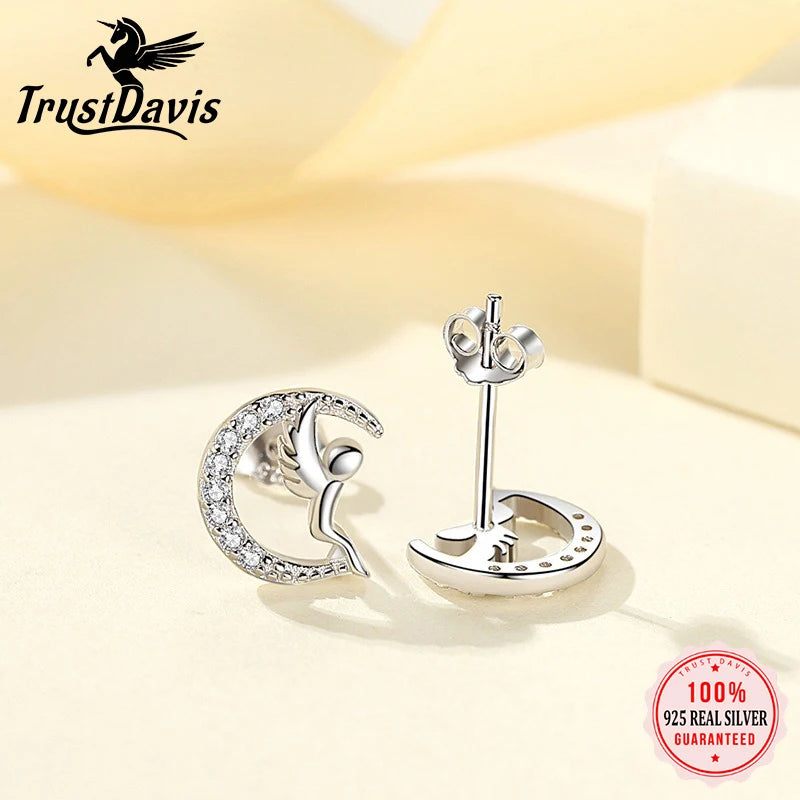 TrustDavis 925 Sterling Silver Women's Moon Stud Earrings Fashion Simple Moon Angel Earrings for Women Girls Jewelry Gift DS4276