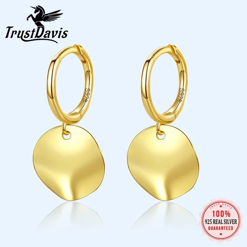 TrustDavis Real 925 Sterling Silver Sweet Geometric Round Uneven Pendant Hoop Earrings For Women Wedding Party Jewelry DA1133