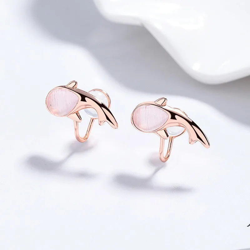 Cat and Fish Cymophane Clips Earrings DS4834