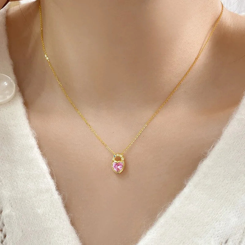 TrustDavis Real 925 Sterling Silver Fashion Simple Heart-shaped Zircon Lock Necklace for Women Girls Gift Fine Jewelry DS4736
