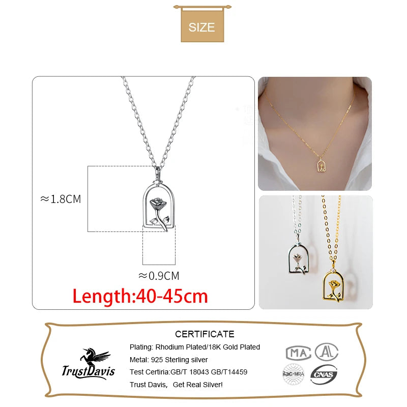 TrustDavis Real 925 Sterling Silver Rose Flower Pendant Necklace For Women Wedding Party Shiny Zircon 925 Silver Jewelry DA2812