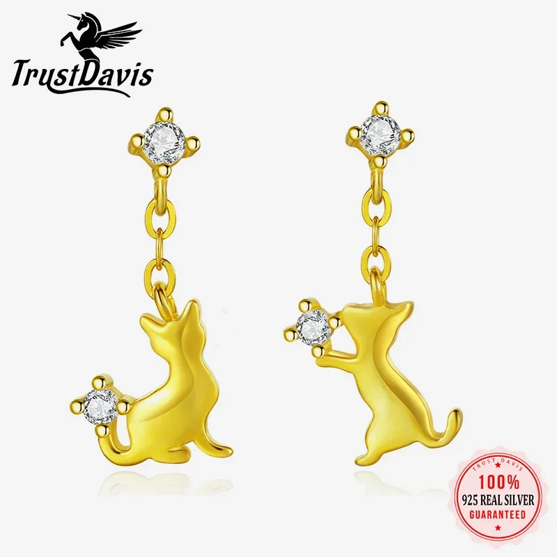 TrustDavis Real 925 Sterling Silver Cute Asymmetric Cats CZ Stud Earring For Women Daughter Birthday Gift Fine Jewelry DS4620