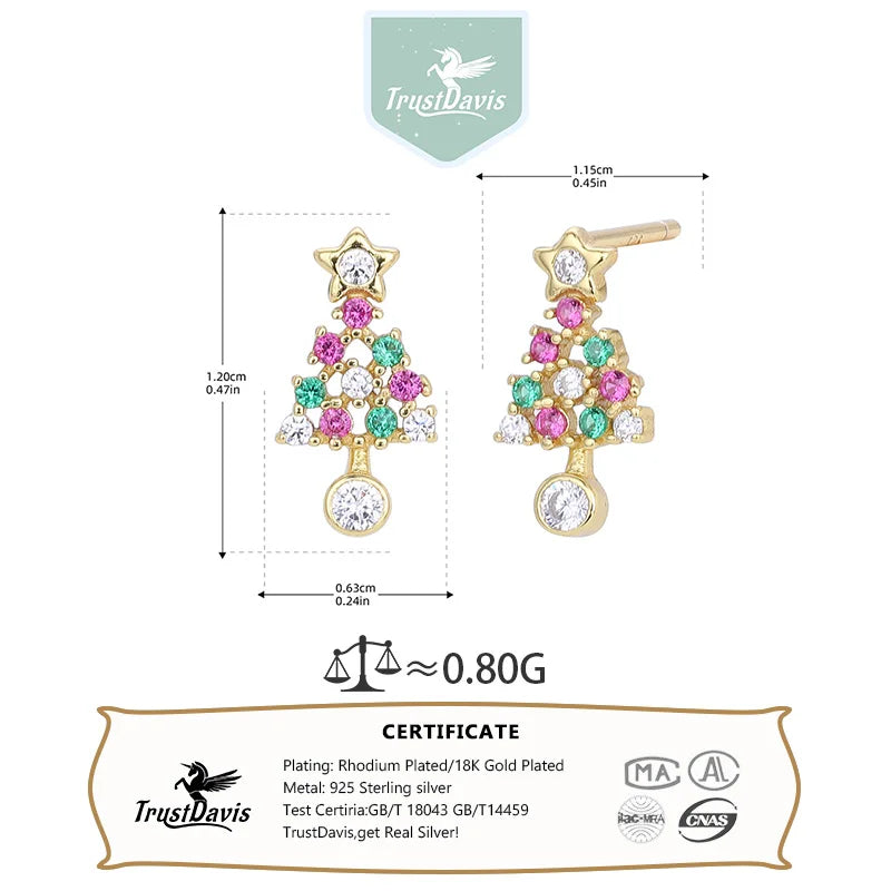 TrustDavis 925 Sterling Silver Women's Fashion Simple Star Christmas Tree Earrings for Women Girls Christmas Jewelry Gift DS4691