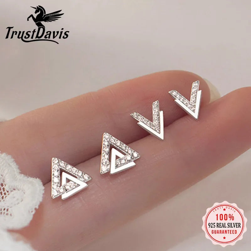 TrustDavis Real 925 Sterling Silver Fashion Sweet Triangle V Shape CZ Stud Earrings For Women Wedding Party Fine Jewelry DB1453