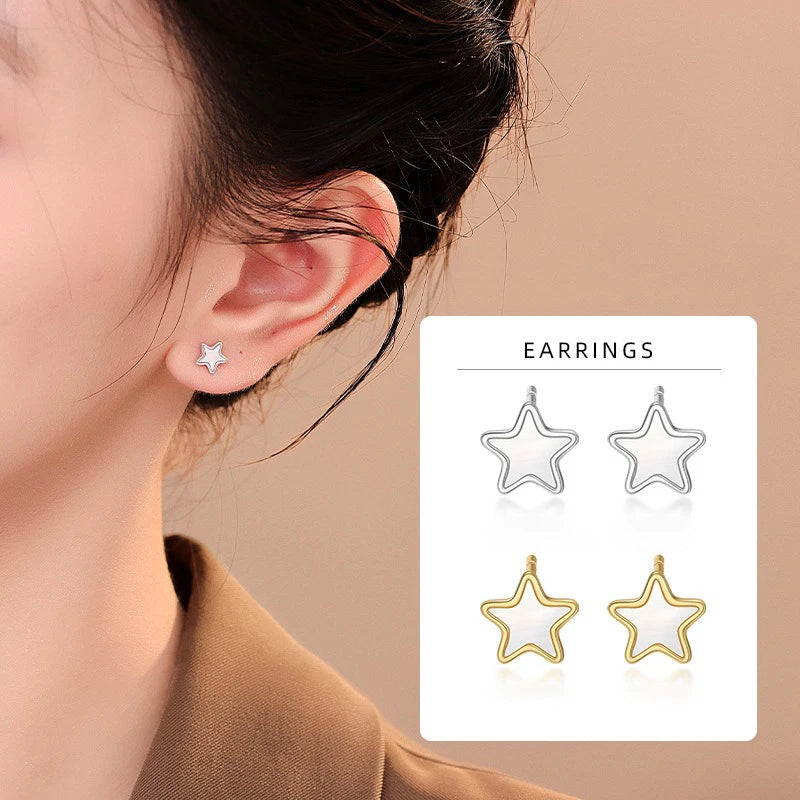 TrustDavis 925 Sterling Silver Women's Fashion Simple White Mother-of-pearl Star Earrings for Women Girls Jewelry Gift DS4664