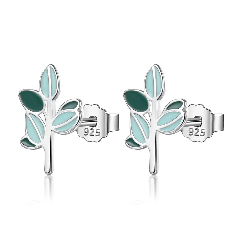 TrustDavis Real 925 Sterling Silver Fashion Green Glaze Leaves Stud Earrings For Women Wedding Birthday Present Jewelry DB340
