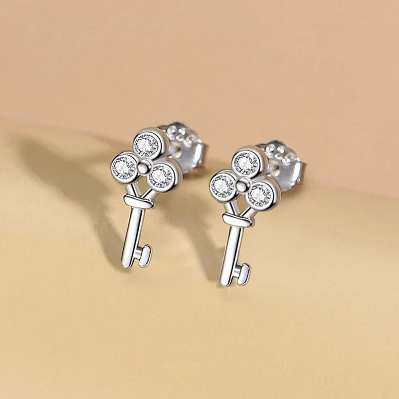 TrustDavis 925 Sterling Silver Women's Earrings Fashion Simple Key Zirconia Stud Earrings for Women Girls Jewelry Gift DS4358