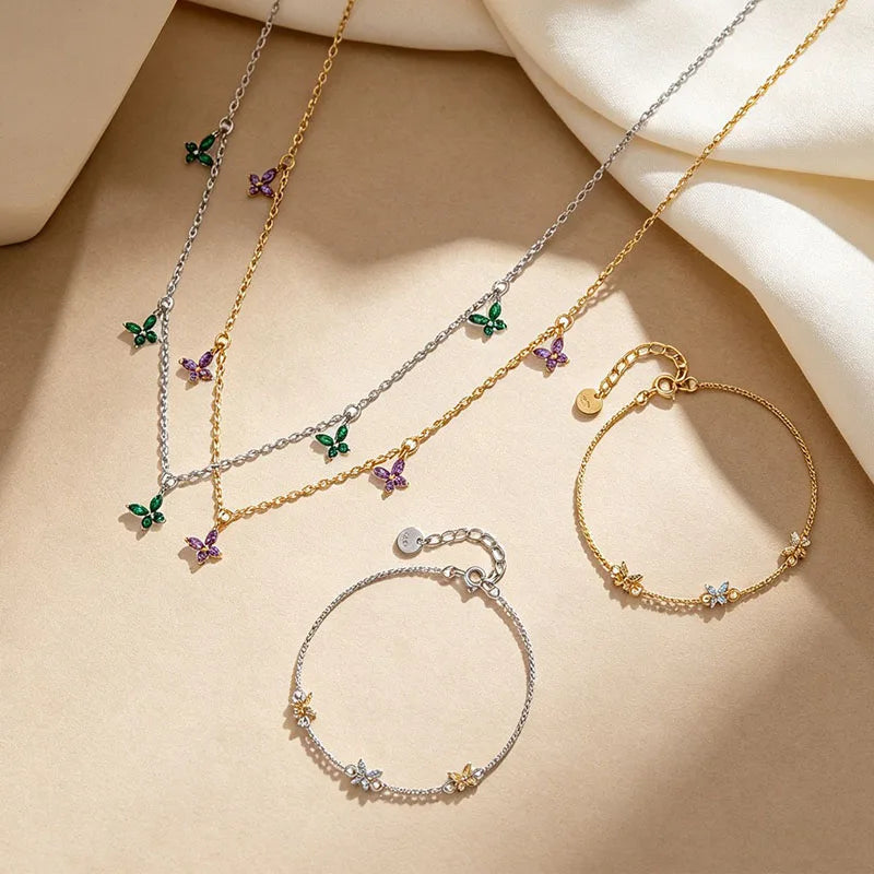 Real 925 Sterling Silver Zircon Butterfly Necklace and Bracelet DS4944