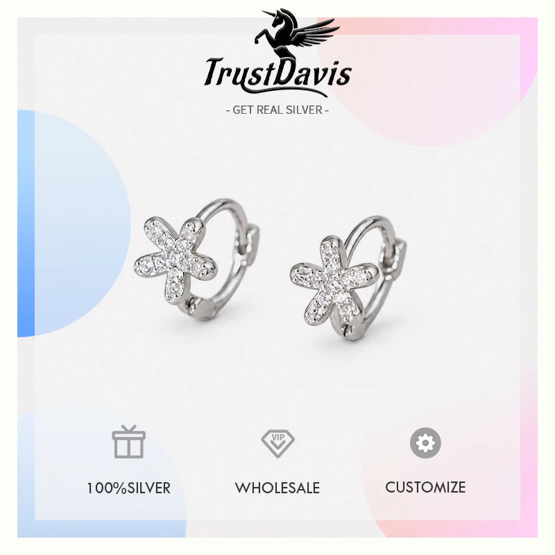 Flower Hoop Earrings Dainty Pave CZ Small Floral Earrings DS5002