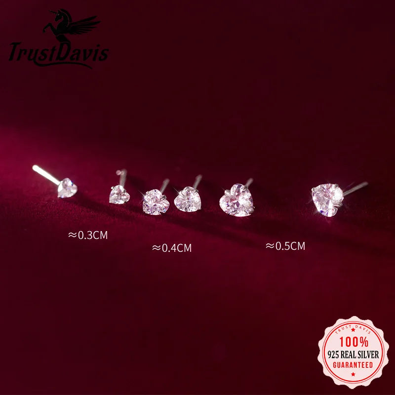 TrustDavis Real 925 Sterling Silver Fashion Romantic Heart Dazzling CZ 3 4 5mm Mini Stud Earrings For Women Fine Jewelry DS1181