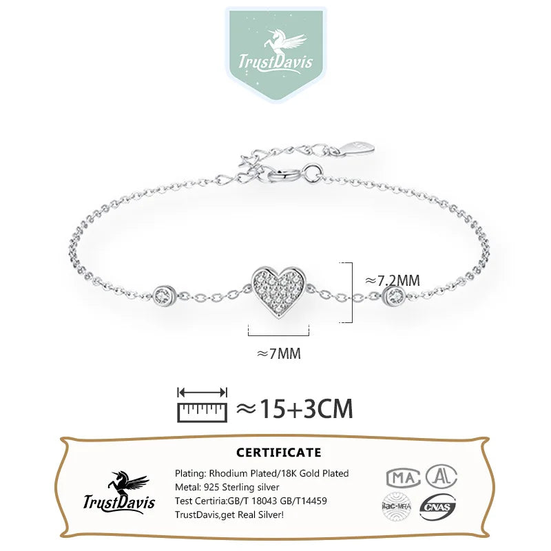 TrustDavis 925 Sterling Silver Women's Fashion Simple Heart/Star/Moon/Butterfly Bracelet for Women Girls Jewelry Gift DS4260