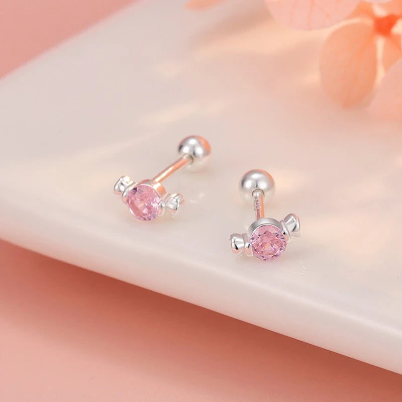 TrustDavis Real 925 Sterling Silver Fashion Sweet Cute Zirconia Candy Screw Earrings for Women Girls Jewelry Gift DS4712