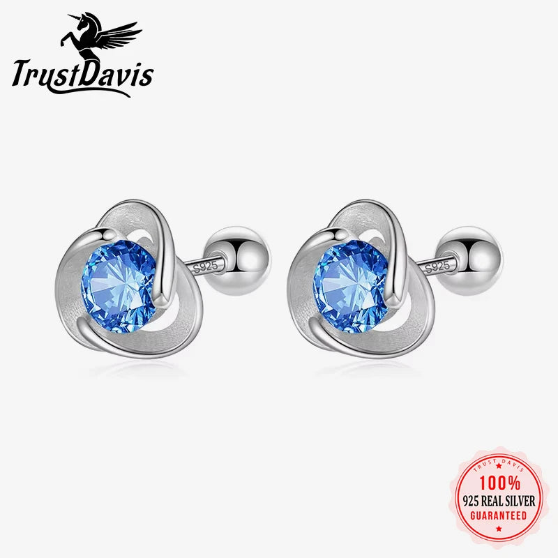 TrustDavis Real 925 Sterling Silver Kids Earrings Triangle Blue CZ Screw Stud Earrings For Daughter Girls Jewelry Gift DF2011