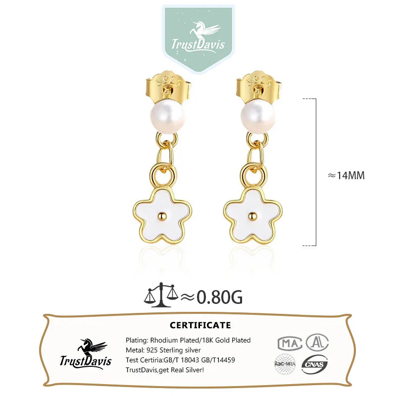 TrustDavis 925 Sterling Silver Women's Fashion Sweet Flower Pearl Drop Earrings for Women Girls Jewelry Gift DS4366