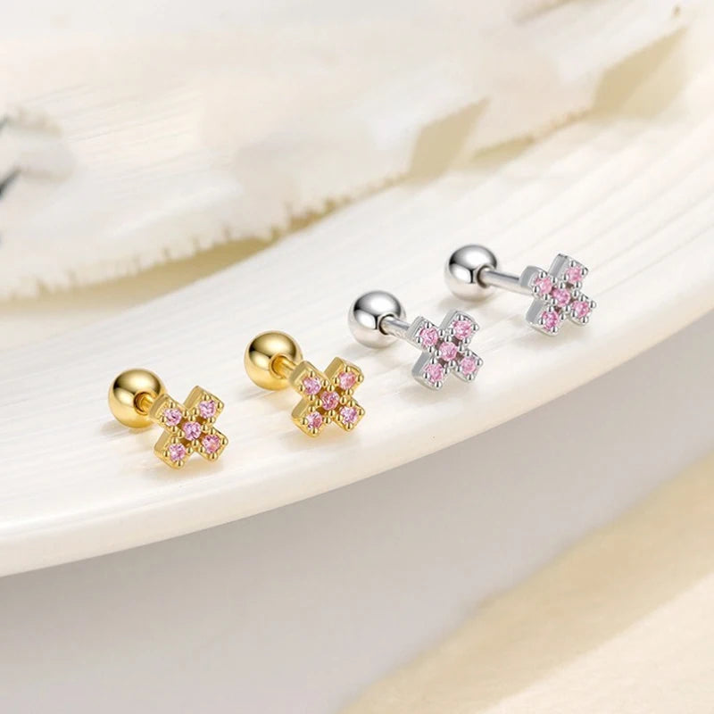 Colored Zircon Cross Screw Earrings DS4758