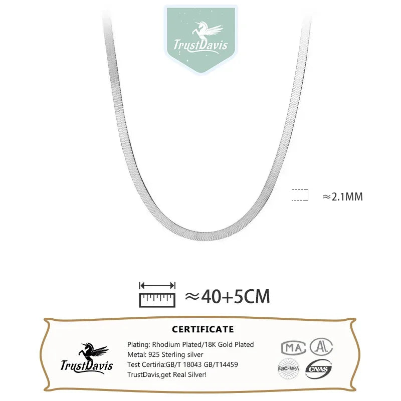 TrustDavis 925 Sterling Silver Simple Snake Chain Clavicle Charming Necklace for Women Fashion Korean Necklace Jewelry DA3222