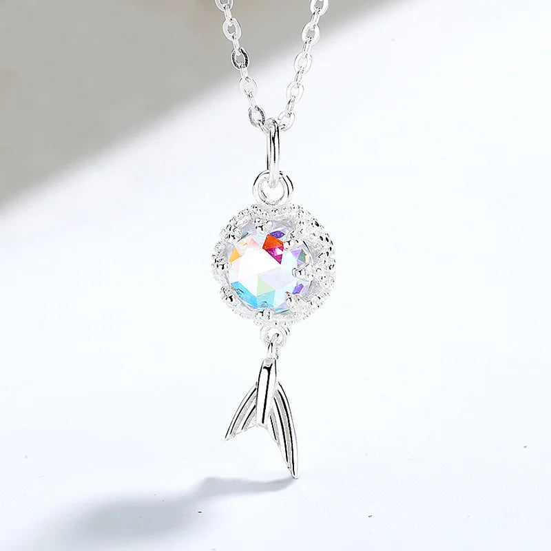 Trustdavis Genuine 925 Sterling Silver Fashion  Mermaid Tail Rainbow Gem Short Necklace for Women Wedding Jewelry Gift DS4130