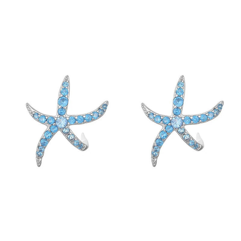 TrustDavis 925 Sterling Silver Women's Fashion Simple Blue Starfish Stud Earrings for Women Girls Birthday Jewelry Gift DS4678