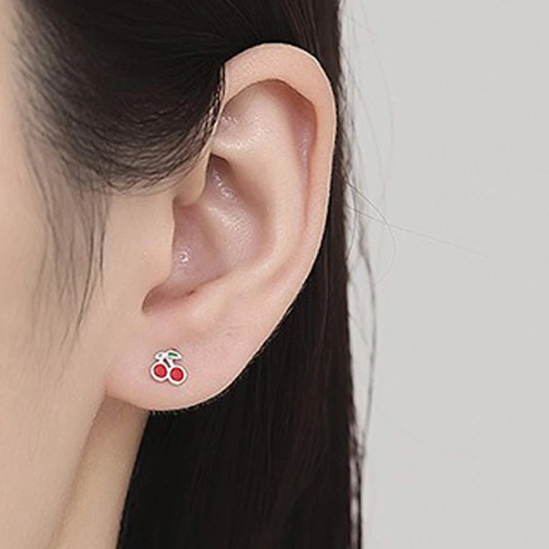 TrustDavis Real 925 Sterling Silver Fashion Sweet Cute Zirconia Cherry Screw Earrings for Women Girls Jewelry Gift DS4734