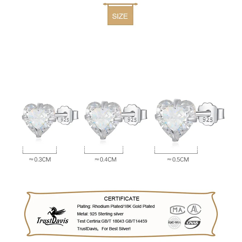 TrustDavis Real 925 Sterling Silver Fashion Romantic Heart Dazzling CZ 3 4 5mm Mini Stud Earrings For Women Fine Jewelry DS1181