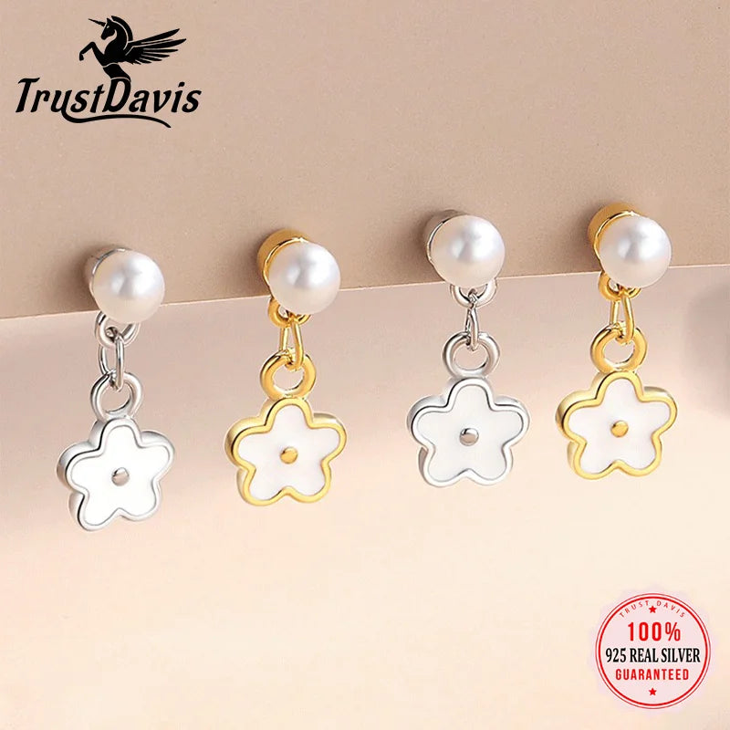 TrustDavis 925 Sterling Silver Women's Fashion Sweet Flower Pearl Drop Earrings for Women Girls Jewelry Gift DS4366