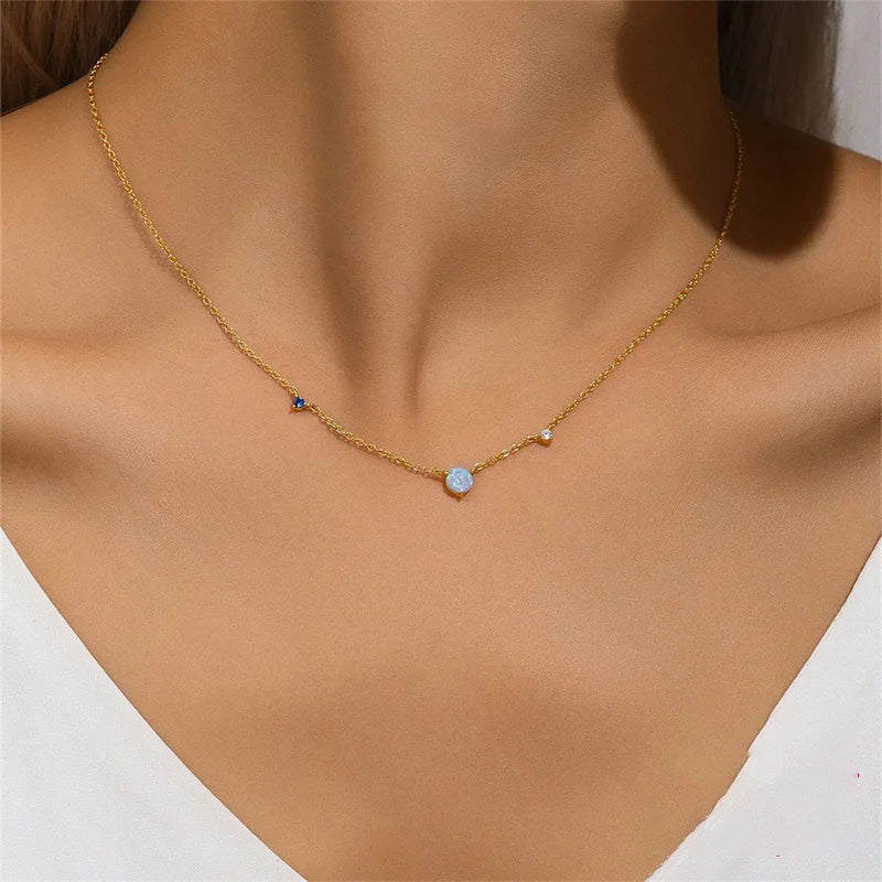 Blue Opal Necklace Opal and Diamond Clavicle Necklace DS4202