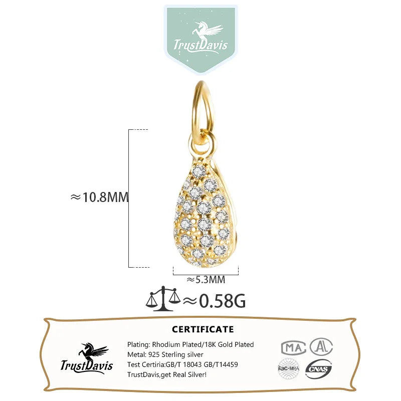 TrustDavis Real 925 Sterling Silver Water Drop Shiny CZ Pendant Handmade DIY Necklace Bracelet Accessories Fine Jewelry HY513