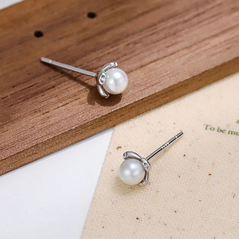 Real 925 Sterling Silver Flower Pearl Stud Earrings DS4958