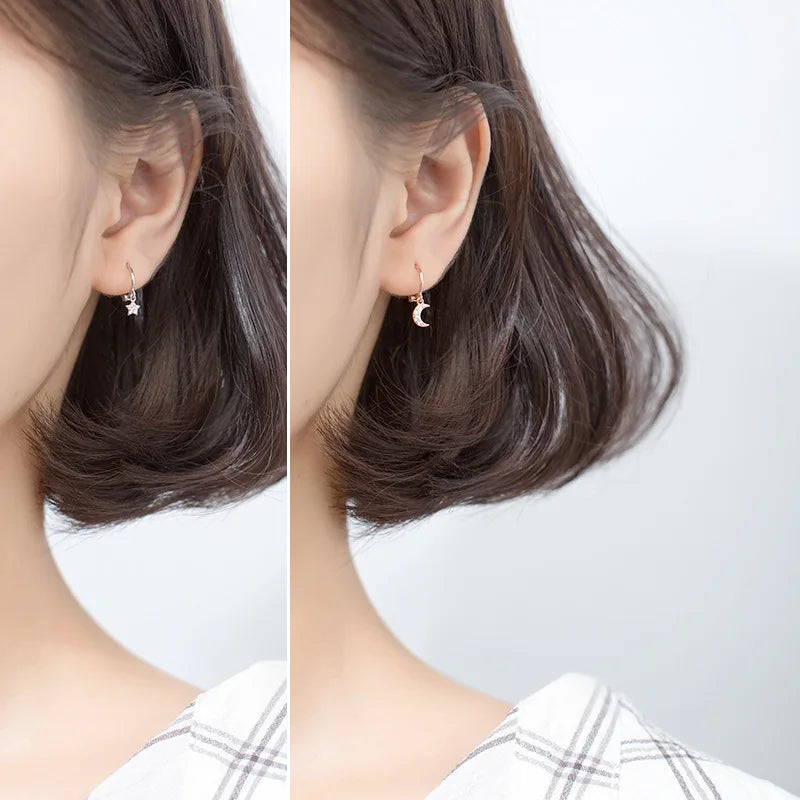 Trustdavis Authentic 925 Sterling Silver Fashion Star Moon Charm Hoop Earrings For Women Wedding Party Silver 925 Jewelry DS1771