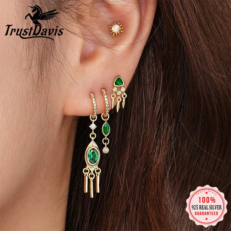 TrustDavis 925 Sterling Silver Women's Single Vintage Triangle Tassel Zirconia Earrings for Women Girls Jewelry Gift DS4331