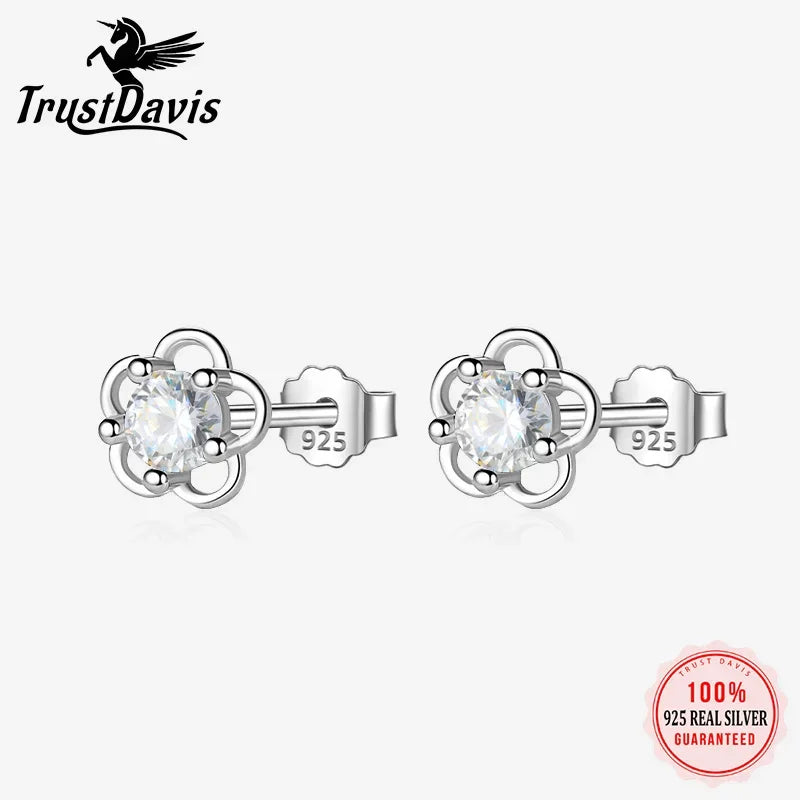 TrustDavis Real 925 Sterling Silver Romantic Hollow Flower Stud Earrings for Kids Women Geometric Birthday Jewelry DS3694