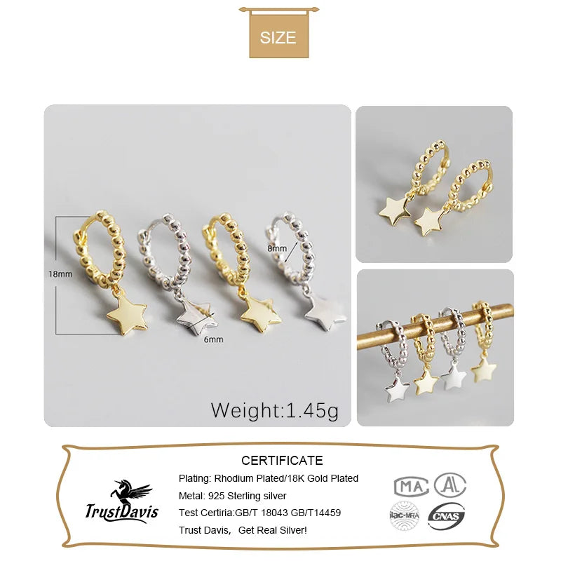 Trustdavis Real 925 Sterling Silver Sweet Glossy Round Bead Sweet Star Pendant Hoop Earrings For Women Wedding Jewelry DA2668