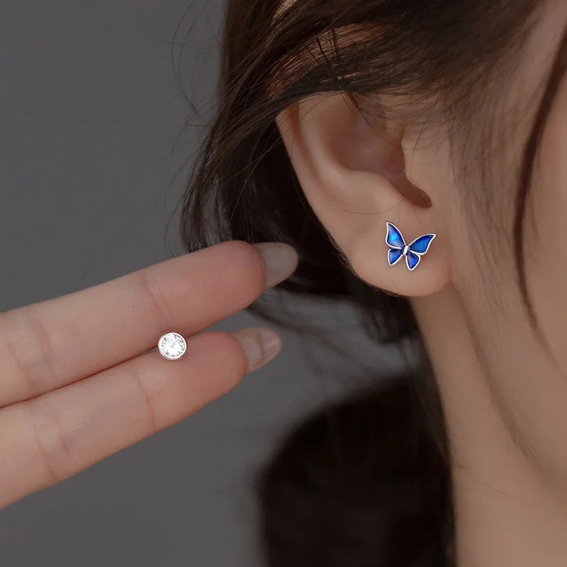 TrustDavis Real 925 Sterling Silver Kids Earring Asymmetric Butterfly CZ Stud Earrings for Daughter Girls Fine Jewelry DG0194