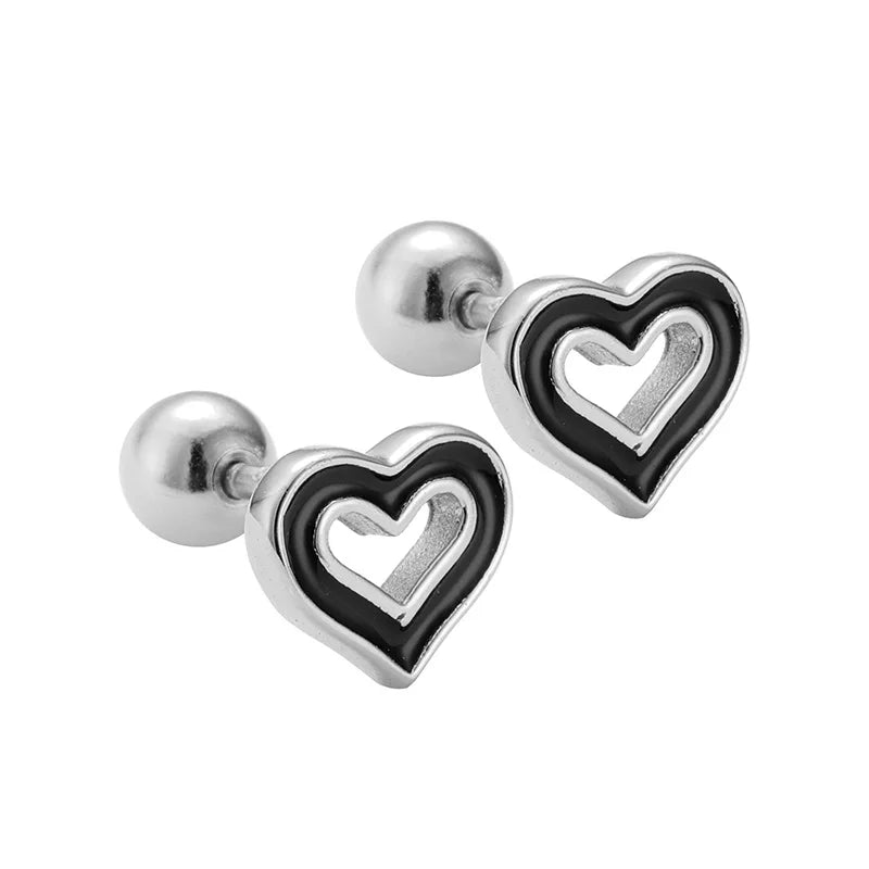 Black Heart Beads Screw Stud Earring DA2814